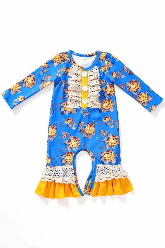 Blue and Yellow Floral Ruffle Romper